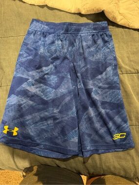 Under Armour Blue Patterned Boys Athletic Shorts with Yellow Logos
